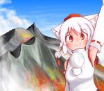  1girl amboina animal_ears armpits bare_shoulders blush detached_sleeves hat highres inubashiri_momiji looking_at_viewer mountain nature pom_pom_(clothes) red_eyes ribbon-trimmed_sleeves ribbon_trim short_hair silver_hair smile tokin_hat touhou wolf_ears 
