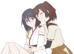  2girls ^_^ bare_shoulders black_hair blush brown_hair closed_eyes detached_sleeves hair_rings hug hug_from_behind ise_(kantai_collection) kantai_collection long_hair multiple_girls ponytail red_eyes skirt smile udon_(shiratama) yamashiro_(kantai_collection) 