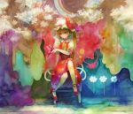  1girl absurdres adapted_costume ascot blonde_hair bow butterfly chair flandre_scarlet floral_print hat hat_bow highres hogecomhoge mob_cap no_wings ponytail puffy_sleeves red_eyes shirt short_hair short_sleeves side_ponytail sitting skirt skirt_set solo touhou vest 