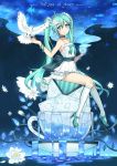  1girl ahoge aqua_eyes aqua_hair bird black_box choker cup dress flower hair_flower hair_ornament hatsune_miku high_heels highres ice_cube kneehighs long_hair mary_janes nail_polish night shoes sitting smile solo teacup twintails very_long_hair vocaloid water 