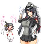  2girls anchor_hair_ornament black_hair blood blush breasts cosplay cowboy_shot detached_sleeves fusou_(kantai_collection) gloves hat hat_tip headband kantai_collection kuon_(nokokopopo) long_hair looking_at_viewer low_twintails microskirt multiple_girls nosebleed peaked_cap prinz_eugen_(kantai_collection) prinz_eugen_(kantai_collection)_(cosplay) red_eyes simple_background skirt twintails very_long_hair white_background white_gloves yamashiro_(kantai_collection) 