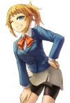  1girl bike_shorts blazer blue_eyes blush breasts brown_hair grin gundam gundam_build_fighters gundam_build_fighters_try hand_on_hip hoshino_fumina kurione_(zassou) looking_at_viewer one_eye_closed ponytail school_uniform scrunchie short_hair skirt smile solo 