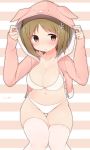  1girl :t animal_hood blush bra breasts brown_hair cleavage collarbone dated hair_ornament hairclip hood idolmaster idolmaster_cinderella_girls mimura_kanako navel nekoume panties pink_legwear pout short_hair solo striped striped_background thigh_gap underwear white_bra white_panties 