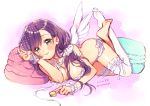  1girl blush bra breasts dated green_eyes kuroki_(ma-na-tu) long_hair looking_at_viewer love_live!_school_idol_project low_twintails lying macaron on_stomach panties purple_hair single_thighhigh sketch solo thigh-highs toujou_nozomi twintails twitter_username underwear white_bra white_legwear white_panties wings wrist_cuffs 