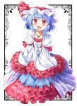  1girl :d blue_hair blush dress e.o. embellished_costume fang frilled_dress frilled_sleeves frills highres jewelry mob_cap necklace open_mouth red_eyes remilia_scarlet short_hair sleeves_past_wrists smile solo touhou 