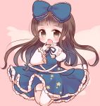  1girl bow brown_eyes brown_hair fairy_wings garter_straps hair_bow hair_ribbon long_hair looking_at_viewer marshmallow_mille open_mouth ribbon solo star_sapphire touhou white_legwear wings 