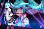  1girl aqua_eyes aqua_hair artist_name detached_sleeves floating_hair hand_on_own_chest hatsune_miku headset highres hiroki_(hirokiart) long_hair microphone necktie outstretched_arm skirt smile solo thigh-highs twintails very_long_hair vocaloid 