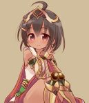  1girl ahoge armlet black_hair blush brown_background dark_skin egyptian hair_ornament headpiece interlocked_fingers ishtar_(puzzle_&amp;_dragons) jewelry knees_together_feet_apart marshmallow_mille no_nose puzzle_&amp;_dragons red_eyes short_hair simple_background sleeveless smile solo 