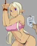  1girl blonde_hair bound_wrists breasts cowboy_shot crop_top earrings elf grey_background jewelry long_hair manabebebe navel pointy_ears sketch solo tag translation_request very_long_hair violet_eyes 