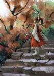  1girl adapted_costume brown_hair dress forest gohei hair_bobbles hair_ornament hakurei_reimu japanese_clothes long_sleeves miko nature ponytail red_dress scenery seeker solo stairs touhou wide_sleeves 