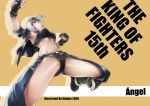  1girl 2009 angel_(kof) anniversary boots breasts chaps clenched_hands cowboy_boots cropped_jacket fingerless_gloves gloves jacket jumping king_of_fighters midriff navel open_clothes open_jacket short_hair short_shorts shorts silver_hair solo tubetop wuduo 