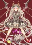  1girl demon_wings facial_mark forehead_mark frills gothic_lolita hairband lolita_fashion lolita_hairband long_hair looking_at_viewer original red_eyes silver_hair sitting skull smile solo star starpri wings 