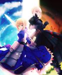  2girls armor armored_dress blonde_hair dark_excalibur dress dual_persona excalibur fate/stay_night fate_(series) faulds glowing glowing_sword glowing_weapon green_eyes highres isozi multiple_girls saber saber_alter sky weapon yellow_eyes 