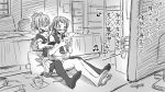  2girls barefoot blush controller couple cup hand_on_stomach hug hug_from_behind kantai_collection long_hair monochrome multiple_girls on_floor pantyhose pillow ponytail remote_control samidare_(kantai_collection) sitting sketch sweat tsuta_no_ha watching yuri yuubari_(kantai_collection) 