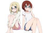  2girls ayase_arisa bespectacled blonde_hair blue_eyes brown_hair glasses kousaka_yukiho leg_hug looking_at_viewer love_live!_school_idol_project miyako_hito multiple_girls red-framed_glasses semi-rimless_glasses short_hair simple_background smile white_background 