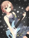  1girl black_dress brown_hair camisole casual dress dutch_angle green_eyes guitar headphones holding idolmaster idolmaster_cinderella_girls instrument looking_at_viewer sakura_yuzuna short_hair solo tada_riina 