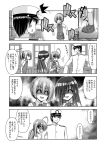  1boy 3girls 4koma :d ^_^ admiral_(kantai_collection) ahoge anger_vein closed_eyes comic gloves hair_ornament hair_over_one_eye hat hayashimo_(kantai_collection) kantai_collection kiryuu_makoto kiyoshimo_(kantai_collection) long_hair low_twintails military military_uniform monochrome multiple_girls naval_uniform open_mouth peaked_cap pleated_skirt school_uniform shiranui_(kantai_collection) skirt smile translation_request twintails uniform 