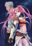  1boy 1girl back-to-back belt blue_eyes elbow_gloves gem gloves grey_hair holding_hands jako_(toyprn) long_hair loni_dunamis nanaly_fletch red_eyes redhead short_shorts shorts sky smile star_(sky) starry_sky tales_of_(series) tales_of_destiny_2 tan thigh-highs twintails 