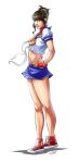  1girl alternate_hairstyle brown_eyes brown_hair converse dreviator flat_chest hands_on_hips highres kasugano_sakura lips lipstick long_legs makeup midriff payot school_uniform scrunchie serafuku short_hair short_ponytail skirt solo street_fighter street_fighter_zero updo 