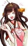  1girl ahoge blush_stickers brown_hair closed_eyes detached_sleeves hairband japanese_clothes kantai_collection kongou_(kantai_collection) long_hair nontraditional_miko open_mouth ruuto_(sorufu) simple_background smile solo white_background 
