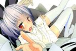  1girl alternate_costume animal_ears blush grey_hair ishikkoro long_sleeves looking_at_viewer looking_back lying mouse_ears nazrin on_back open_mouth red_eyes short_hair simple_background solo sweatdrop sweater sweater_vest thigh-highs touhou white_background white_legwear zettai_ryouiki 