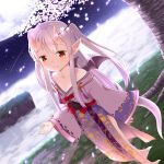  1girl cherry_blossoms copyright_request dragon_tail dragon_wings dutch_angle horns japanese_clothes long_hair looking_at_viewer muku_(muku-coffee) official_art petals red_eyes silver_hair smile solo tail two_side_up wings 