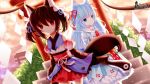  2girls animal_ears blue_eyes blue_hair brown_hair copyright_request detached_sleeves dutch_angle fox_ears fox_tail highres japanese_clothes light long_hair moseley multiple_girls red_eyes short_hair tail torii twintails 