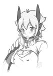  1girl antenna_hair blush breasts brooch dragon_girl greyscale highres jewelry kinokashi monochrome monster_hunter open-chest_sweater rathian short_hair sketch sweater torn_clothes turtleneck wyvern 