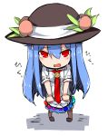  1girl blue_hair boots brown_boots chibi clenched_hands food fruit full_body hat hinanawi_tenshi long_hair looking_at_viewer neck_ribbon neropaso open_mouth peach red_eyes ribbon short_sleeves simple_background skirt solo tears touhou very_long_hair white_background 