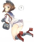  ! 1girl binoculars blush brown_hair chestnut_mouth from_behind headgear kantai_collection looking_at_viewer panties pantyshot sailor_dress short_hair simple_background solo spoken_exclamation_mark tenkirin turret twitter_username underwear white_background white_panties yukikaze_(kantai_collection) 