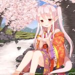  1girl :d cherry_blossoms copyright_request horns japanese_clothes long_hair muku_(muku-coffee) official_art open_mouth petals pink_hair pointy_ears red_eyes river sitting smile tail 