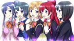  5girls black_hair brown_hair hair_bun highres imai_midori miyamori_aoi multiple_girls purple_hair redhead rika_(kakera) sakaki_shizuka school_uniform shirobako short_hair toudou_misa yasuhara_ema 