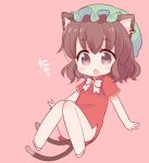  1girl animal_ears blush_stickers brown_eyes brown_hair cat_ears cat_tail chen looking_at_viewer marshmallow_mille mob_cap multiple_tails open_mouth short_hair simple_background solo tail touhou translation_request 