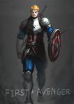  1boy anachronism armor arrow blonde_hair blood blood_splatter breastplate captain_america chainmail facepaint gauntlets greaves male marvel medieval over_shoulder pauldrons sheath sheathed shield short_hair solo steve_rogers sword sword_over_shoulder time_paradox walking weapon weapon_over_shoulder yong_nin_young 