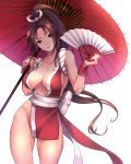  1girl breasts brown_eyes brown_hair collarbone cowboy_shot fan fatal_fury folding_fan head_tilt king_of_fighters long_hair looking_at_viewer oriental_umbrella ponytail settyaro shiranui_mai simple_background solo umbrella white_background 