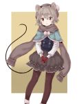 1girl akagashi_hagane alternate_costume animal_ears black_legwear blush capelet gloves grey_hair hat looking_at_viewer mouse_ears mouse_tail nazrin pantyhose red_eyes red_gloves scarf short_hair skirt smile solo tail touhou 