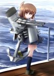  1girl anchor black_legwear brown_eyes brown_hair cannon chipika folded_ponytail highres inazuma_(kantai_collection) kantai_collection long_hair machinery school_uniform serafuku ship skirt smile solo water 