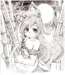  1girl animal_ears bamboo bamboo_forest breasts brooch cleavage collarbone dress fingernails forest full_moon highres imaizumi_kagerou jewelry long_hair looking_at_viewer monochrome moon nature s_katsuo smile tail touhou wolf_ears wolf_tail 