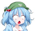  1girl blank_eyes blue_hair bust collarbone dress hat kawashiro_nitori oden_(th-inaba) open_mouth reaction shirt shocked_eyes short_hair short_twintails simple_background solo surprised touhou twintails white_background 