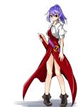  1girl belt blouse blue_hair boots breasts cross-laced_footwear dress full_body hand_on_hilt looking_at_viewer ponytail red_eyes shadow shinmon_akika simple_background smile solo standing sword touhou watatsuki_no_yorihime weapon white_background 