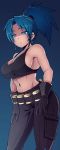  1girl belt black_gloves blue_eyes blue_hair blush breasts cargo_pants cleavage crop_top emanuel_aguilar explosive gloves grenade high_ponytail king_of_fighters large_breasts leona_heidern long_hair midriff navel pants ponytail sideboob solo tank_top taut_clothes taut_shirt 