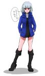  1girl bangs bare_legs boots claude_frollo contemporary female frown full_body genderswap hands_in_pockets high_heel_boots high_heels hood_down jacket knee_boots marimo_(yousei_ranbu) no_hat parka short_hair silver_hair small_breasts solo standing the_hunchback_of_notre_dame translation_request violet_eyes younger 