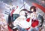  1girl bare_shoulders black_hair brown_eyes cherry_blossoms detached_sleeves hair_ornament hairband haruna_(kantai_collection) highres kantai_collection long_hair nontraditional_miko oki_(koi0koi) red_skirt ribbon-trimmed_sleeves ribbon_trim skirt turret wide_sleeves 