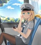  1girl :3 aqua_eyes ashzone_harumichi blonde_hair clouds curtains earphones earphones handheld_game_console hat highres holding jacket light_rays looking_at_viewer open_mouth original playstation_vita sailor_hat shirt short_hair sitting skirt sky solo thigh-highs train train_interior tree umbrella window 