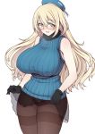 1girl alternate_costume atago_(kantai_collection) bespectacled black_legwear blonde_hair blush breasts glasses green_eyes kantai_collection large_breasts long_hair looking_at_viewer pantyhose pas_(paxiti) ribbed_sweater simple_background sleeveless sleeveless_turtleneck smile solo sweater thighband_pantyhose turtleneck turtleneck_sweater white_background 