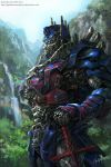  autobot blue_eyes highres kim_yura_(goddess_mechanic) mecha no_humans optimus_prime planted_sword planted_weapon rainforest science_fiction solo sword transformers weapon 