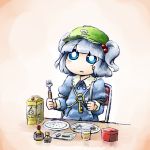  1girl armband battery big_eyes black_eyes blue_hair box chair dress fork gears glass hands_up hat holding kawashiro_nitori key knife long_sleeves open_mouth plate pocket sauce screw shirt short_hair sitting solo touhou twintails usb yaise 
