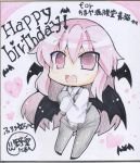  1girl :d bat_wings chibi commentary_request fang happy_birthday koakuma long_hair looking_at_viewer noai_nioshi open_mouth pink_eyes pink_hair smile solo touhou traditional_media translation_request wings 