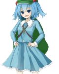  1girl backpack bag blue_eyes blue_hair dress hair_bobbles hair_ornament hands_on_hips hat kawashiro_nitori key long_sleeves looking_at_viewer open_mouth pocket short_hair short_twintails simple_background skirt skirt_set smile solo touhou twintails white_background yu_(niyu) 