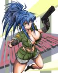  1girl black_gloves blue_hair bra breasts character_name cleavage cropped_jacket dew_(dewichi) earrings gloves green_eyes gun handgun jacket jewelry king_of_fighters large_breasts leona_heidern long_hair m1911 midriff navel open_clothes open_jacket pistol ponytail running shorts solo strapless_bra suspenders underwear weapon 